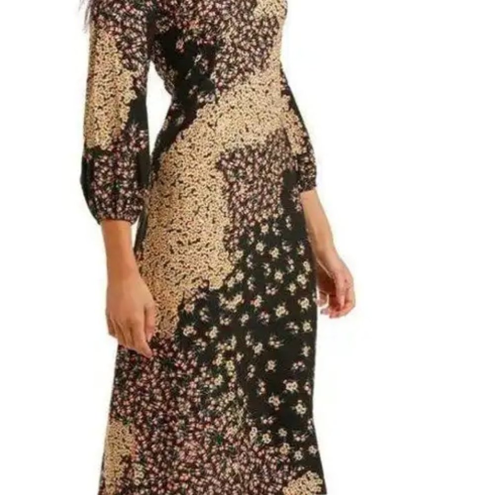 Anthropologie Kachel Joana Black Floral Long Sleeve Midi Tea Length Dress 2P